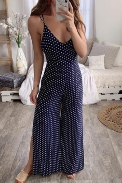 New Stylish Classic Polka Dot Printed Sexy Strappy Open Back Split Side Wide-Leg Navy Jumpsuits