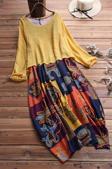 New Stylish Ethnic Print Round Neck Long Sleeve Loose Midi A-Line Cotton Dress