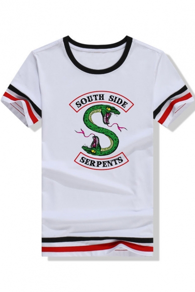 New Stylish Fashion Letter Snake Logo Print Stripe Short Sleeve Summer Casual Tee
