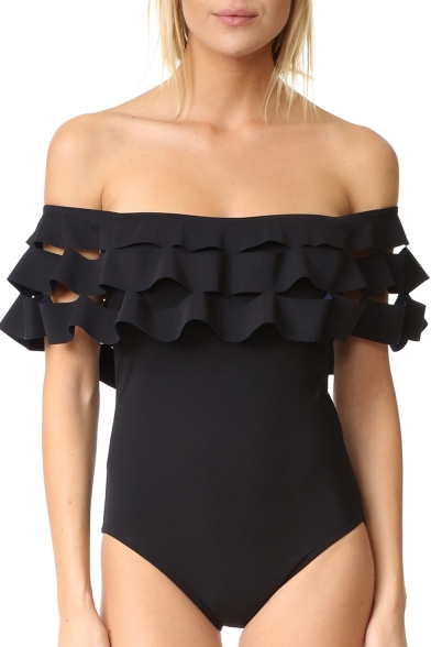 New Stylish Ruffle Hem Off the Shoulder Solid Color One Piece Swimsuit Swimwear
