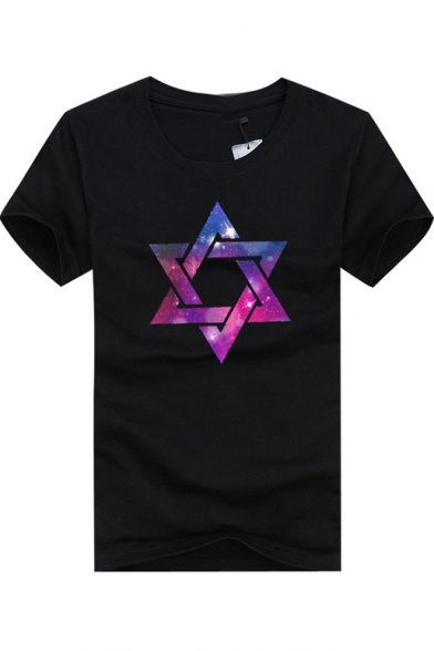 New Stylish Starry Galaxy Pentagram Print Basic Round Neck Short Sleeve Cotton T-Shirt For Men