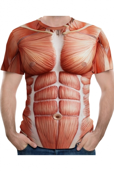New Trendy 3D Muscle Printed Round Neck Short Sleeve Orange Nightclub T-Shirt For Men