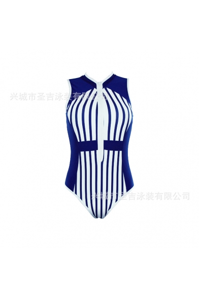 New Trendy Blue and White Striped Printed Stand Collar Zip Up One Piece Swimsuit