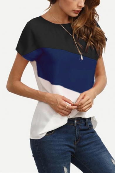 New Trendy Color Block Round Neck Short Sleeve Casual T-Shirt for Women