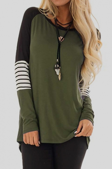New Trendy Colorblock Striped Long Sleeve Round Neck Womens Relaxed T-Shirt