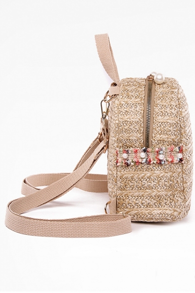 New Trendy Plain Rattan Weaved Beach Travel Bag Backpack 20*10*19 CM