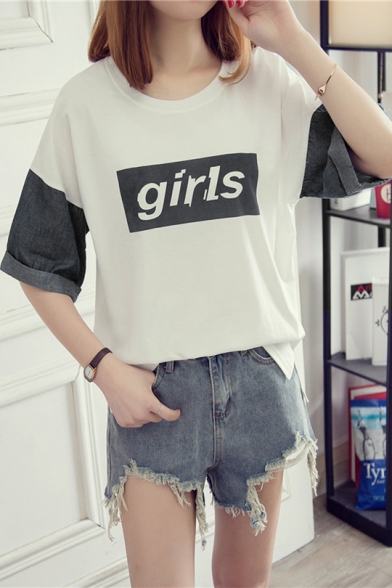 Simple Letter GIRLS Chic Denim Patched Sleeve Casual Loose Summer Tee