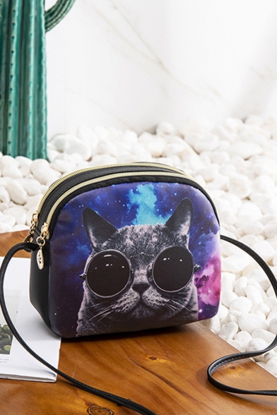 Stylish Galaxy Cat Printed Black Zipper Crossbody Shoulder Bag 18*5*16 CM