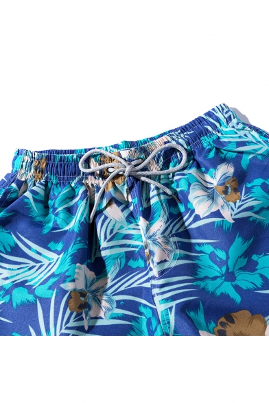 Summer Chic Blue Tropical Floral Printed Drawstring Waist Casual Board Shorts Swim Trunks