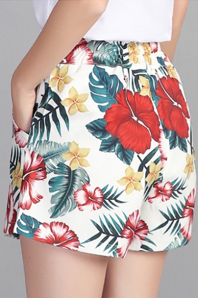Summer Chic Tropical Floral Printed Tied Waist High Rise Casual Shorts for Women