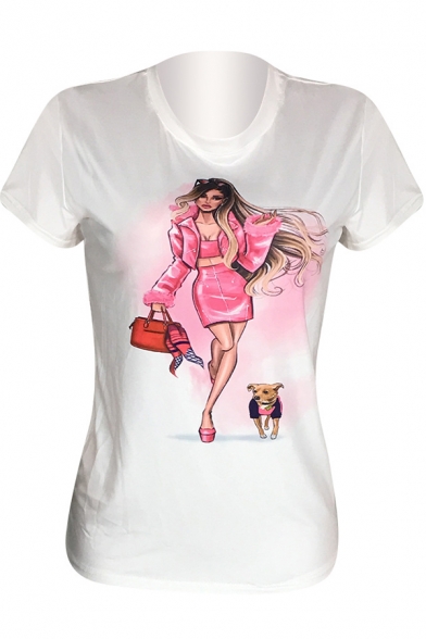 Summer Cool Fashion Lady with A Dog Printed Round Neck Short Sleeve White Tee