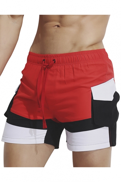 Summer Fancy Colorblock Flap Pocket Side Sport Loose Beach Swim Shorts