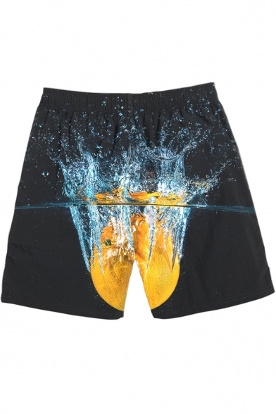 Summer Funny Creative Orange Print Mens Black Drawstring Waist Beach Swim Trunks