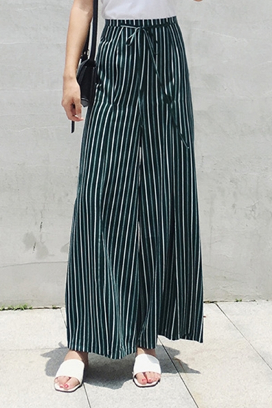Summer Green Vertical Stripe Printed Tied Front Womens Casual Culotte Pants Wide Leg Pants