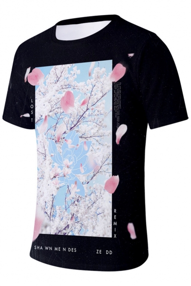 Summer New Fashion Floral Printed Short Sleeve Basic Black T-Shirt