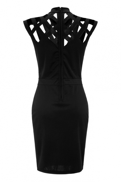 Summer Sexy Plain Hollow Out Collared Sleeveless Detail Slim Fit Mini Pencil Black Dress