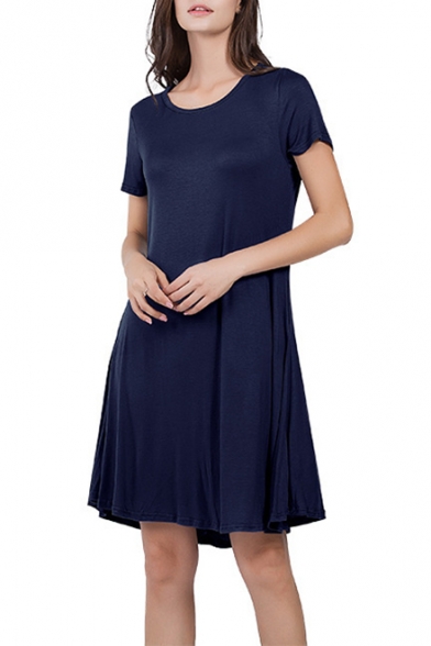 Summer New Stylish Simple Solid Color Round Neck Short Sleeve Mini A-Line T-Shirt Dress