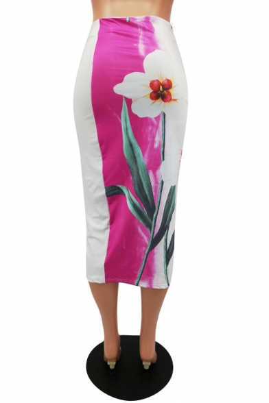 Summer New Stylish White Floral Printed Midi Bodycon Skirt for Women