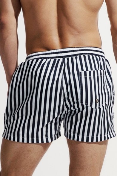 Summer Stylish Blue Striped Printed Drawstring Waist Beach Swim Shorts with Liner