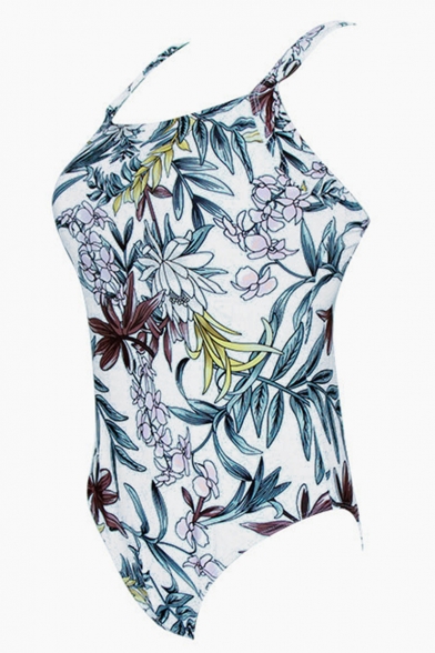 Summer Tropical Leaf Floral Printed Square Neck Womens One Piece Swimsuit