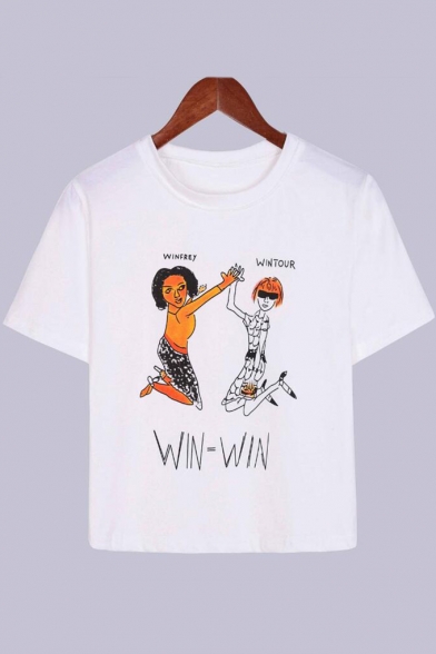 Summer White Funny Figure Letter WIN Print Short Sleeve Graphic Tee
