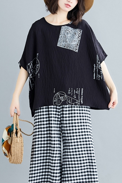 Summer Women's Plus Size Unique Fashion Pattern Round Neck Oversized Linen T-Shirt