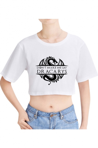 Summer Womens Fashion Dragon Dracarys Printed Short Sleeve Round Neck Crop Tee