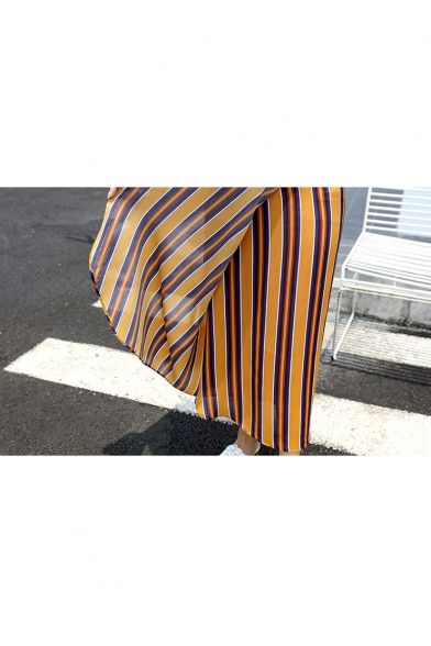 Summer Yellow Stripe Printed Tied Waist High Slit Side Maxi Wrap Skirt
