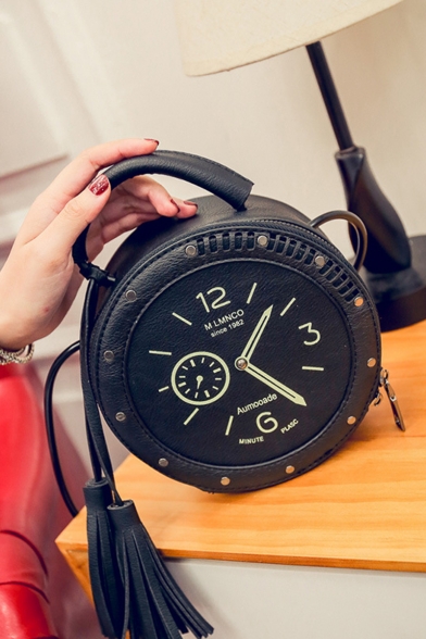 Trendy Clock Printed Tassel Rivet Embellishment Circle Crossbody Bag 13*8*17 CM