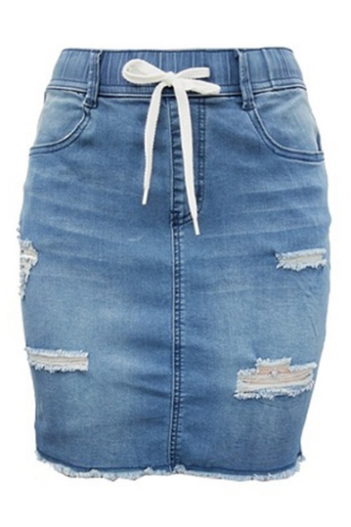 Trendy Drawstring Waist Distressed Ripped Raw Hem Mini Bodycon Blue Denim Skirt