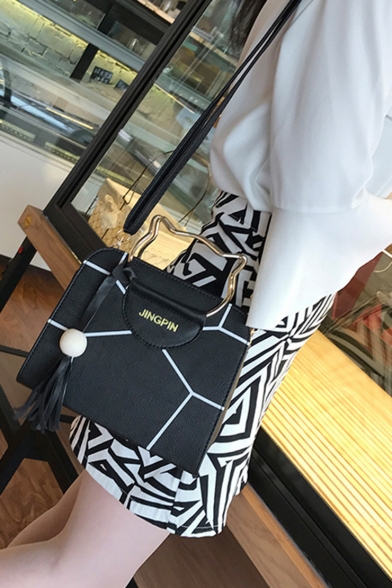 Trendy Geometric Letter Pattern Tassel Embellishment Top Handle Crossbody Bag 22*9*18 CM