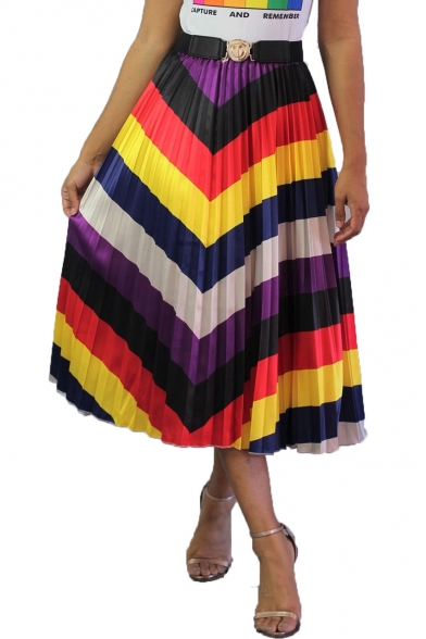 Trendy Rainbow Zigzag Stripe Printed Elastic Waist Maxi Pleated A-Line Skirt