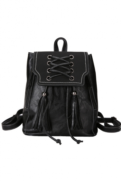 Trendy Solid Color Crisscross Tie Tassel Designed PU Leather College Bag Casual Backpack 25*16*29 CM