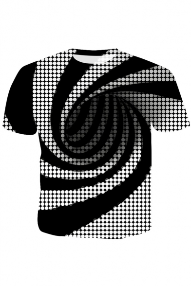 Unique Fancy 3D Polka Dot Whirlpool Printed Basic Round Neck Black and White Tee