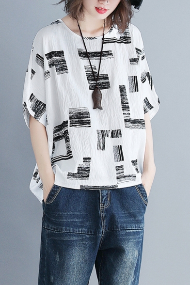 Unique Printed Batwing Sleeve Womens Casual Relaxed Linen T-Shirt