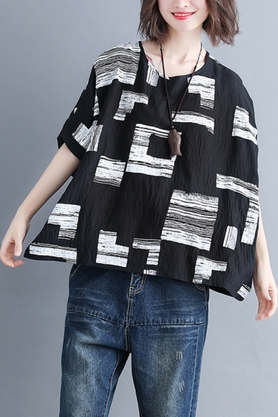 Unique Printed Batwing Sleeve Womens Casual Relaxed Linen T-Shirt