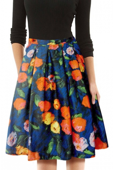 Vintage Blue Floral Printed Fashion A-Line Flared Pleated Skirt
