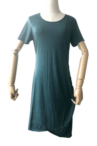 Women's Basic Simple Plain Short Sleeve Round Neck Mini Sheath T-Shirt Dress