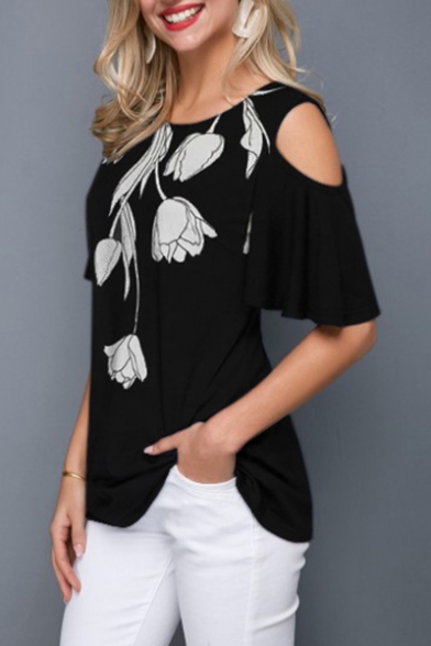 Women Round Neck Floral Printed Tops Ruffle Long Sleeve Casual Blouses and Shirts