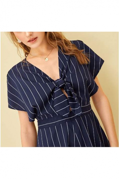 Women's Fashion Blue Striped Printed Knotted V-Neck Short Sleeve Romper