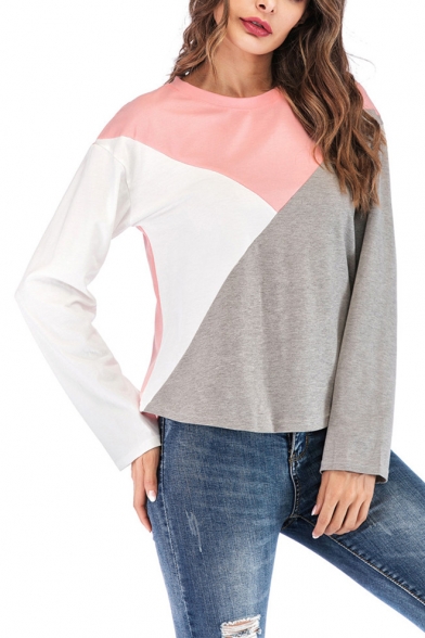 Women's Round Neck Long Sleeve Color Block Grey T-Shirt