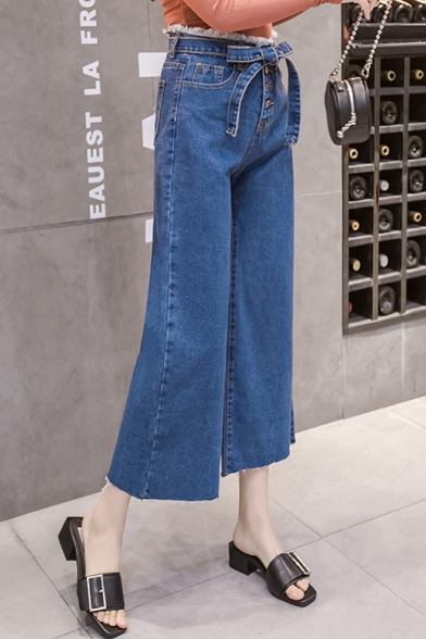 Women's New Trendy Button-Fly Tied Waist Blue Wide-Leg Jeans