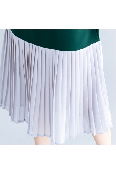 Women's New Trendy Color Block Round Neck Short Sleeve Midi Pleated T-Shirt Dress