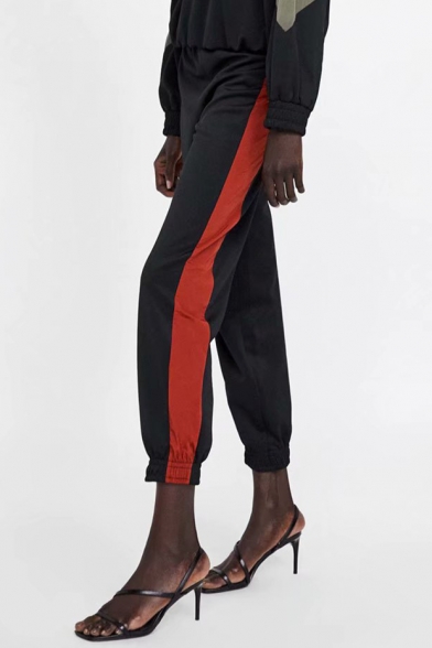 Women's New Trendy Colorblock Drawstring Waist Black Jogger Pants Track Pants