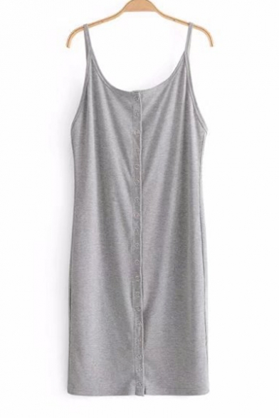 Women's Plain Printed V-Neck Sleeveless Pull Up Front Midi Slip Jersey Dress