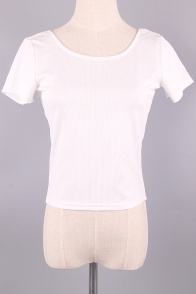 Women's Sexy Open Back Short Sleeve Round Neck White Slim Fit T-Shirt