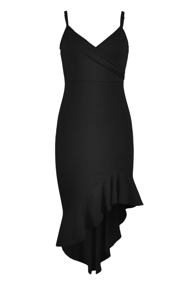 Women's Sexy Plain Printed V-Neck Sleeveless Fish tail Detail Midi Slip Bodycon Dress