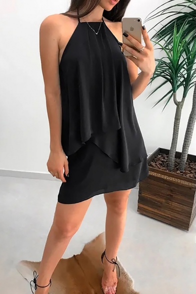 Women's Summer Sexy Halter Sleeveless Plain Print Backless Mini Asymmetric Hem Cami Dress