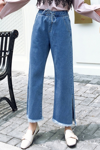 Womens Drawstring Waist Split Side Fringed Hem Straight Fit Wide-Leg Jeans