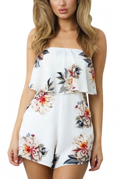 Womens Fashion Ruffled Strapless Floral Printed Casual Loose White Romper Playsuit